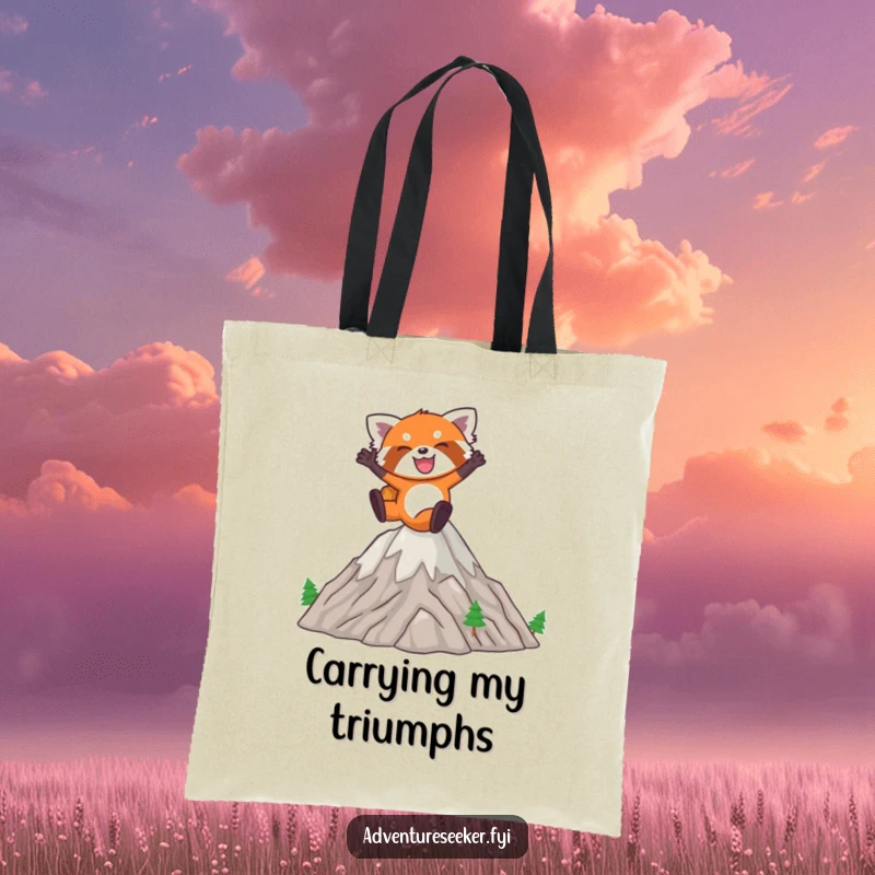 Funny Red Panda Tote Bag: Joyful red panda leaping energetically over miniature mountains, spacious and stylish.