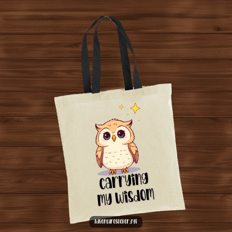 Funny Owl Tote Bag showcasing a curious owl character gazing at a distant star, a humorous and practical gift.