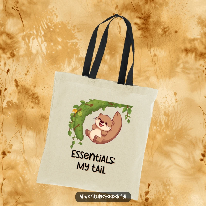 Funny tote bag with a giggling otter character sliding gleefully down a mossy jungle vine, showcasing a whimsical and fun design.