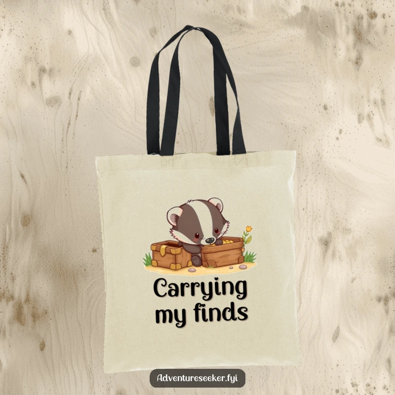 Funny tote bag with a curious badger character digging excitedly near a hidden treasure chest, ready for exciting finds.