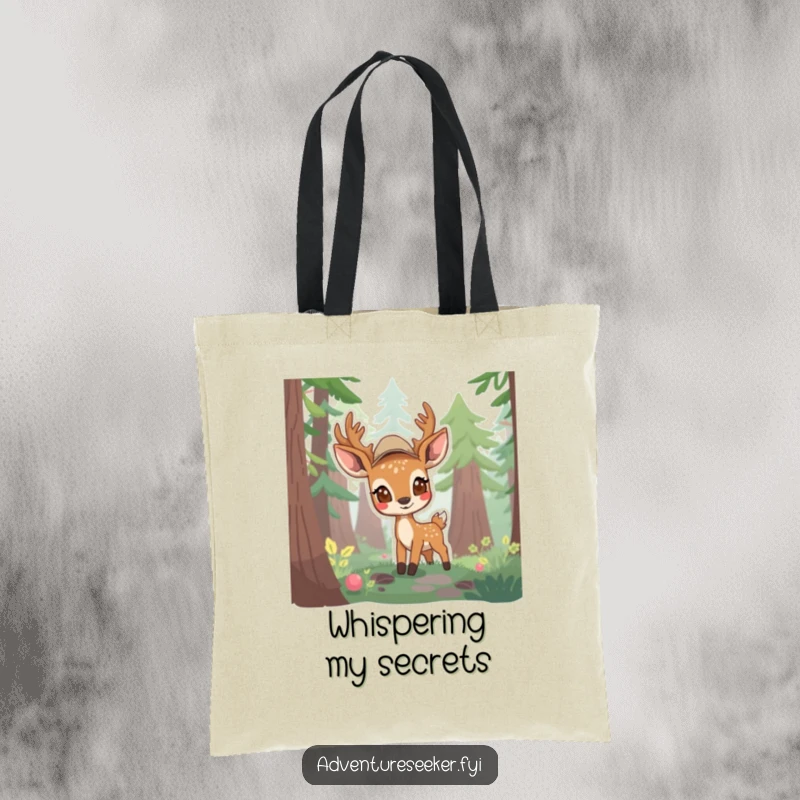 Funny tote bag with a shy deer scout emerging from a forest, perfect for carrying essentials for the quietly curious.