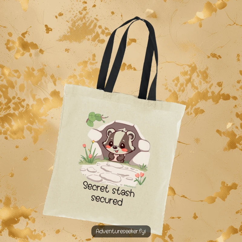 Funny Happy Badger Tote Bag showcasing a joyful badger character finding a hidden path, a humorous and practical gift.