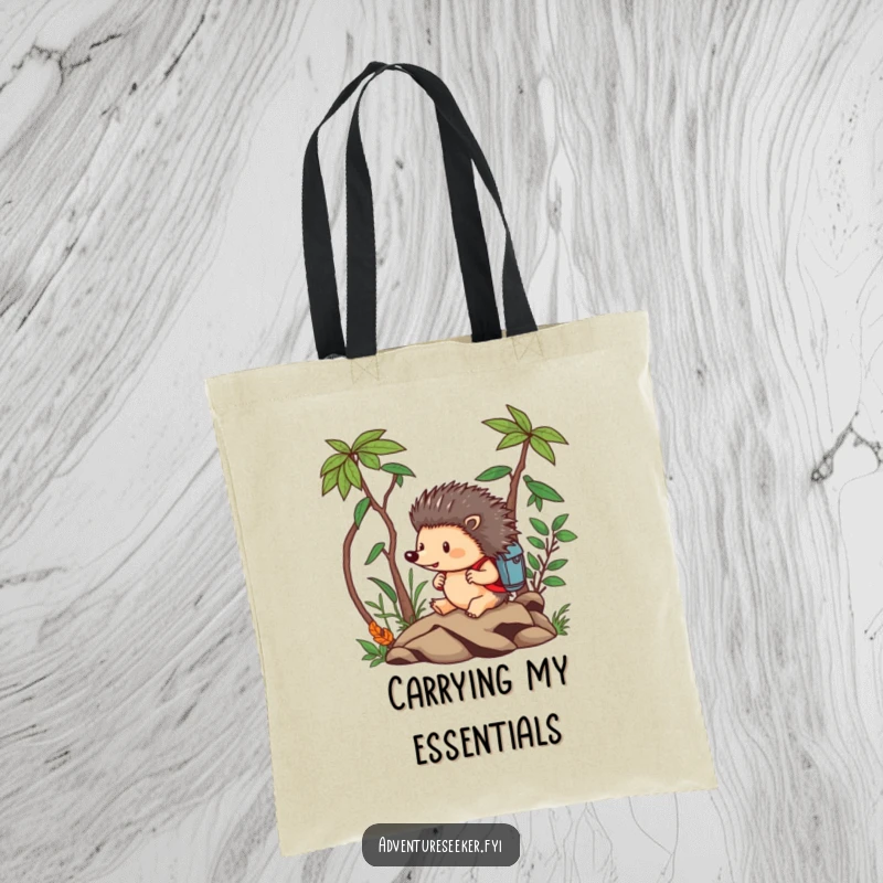 Funny Hedgehog Tote Bag: Brave hedgehog fearlessly navigating a miniature jungle with a backpack, practical and brave.