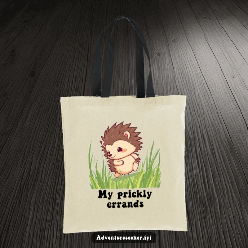 Funny hedgehog tote bag showcasing a brave character rolling with a determined spirit through tall grass, ready for any journey.