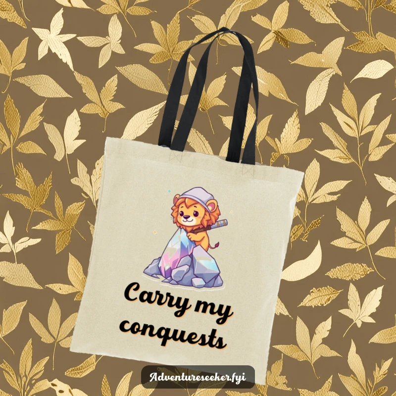 Funny Lion Explorer Tote Bag: A brave lion scaling a crystal formation, highlighting exploration and humor.