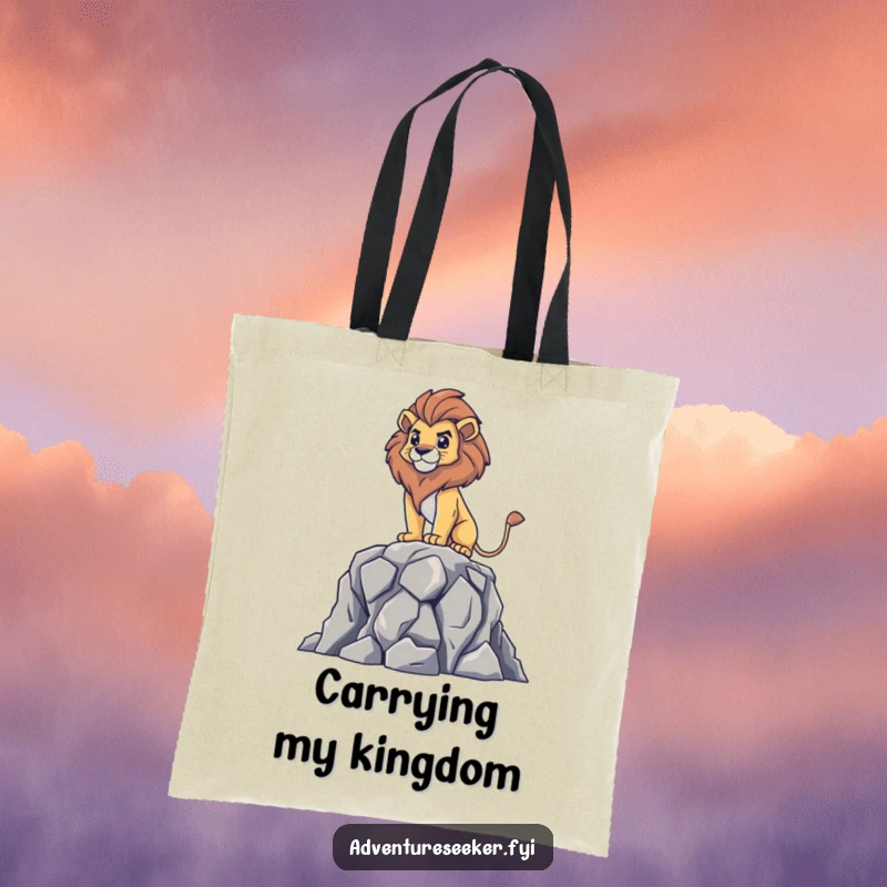 Funny tote bag illustrating a brave lion surveying from a high rocky outcrop, blending strength and humor for everyday use, a great gift.