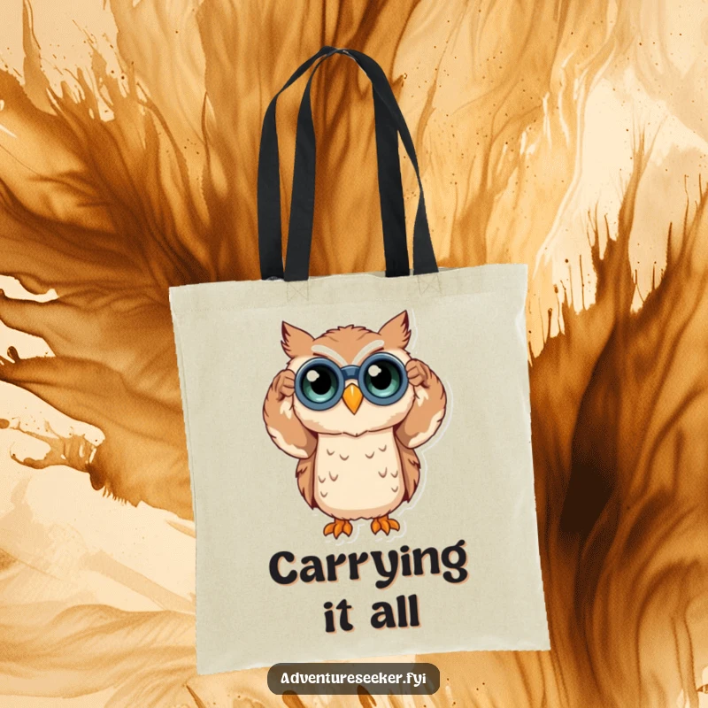 Funny owl character on a tote bag clutching binoculars, looking curious and ready for anything. A practical funny gift.