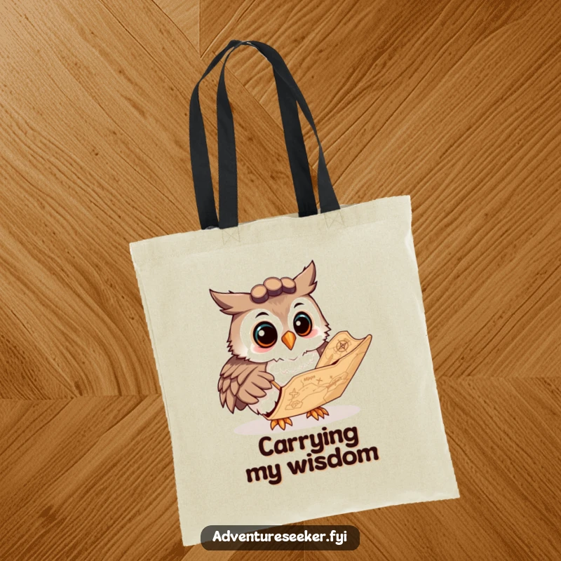 Funny tote bag with a curious owl navigator character studying a map, ideal for carrying items with a sense of wisdom.