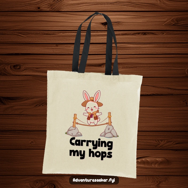 Funny tote bag with a cheerful rabbit scout character bravely crossing a wobbly rope bridge, ideal for carrying items.