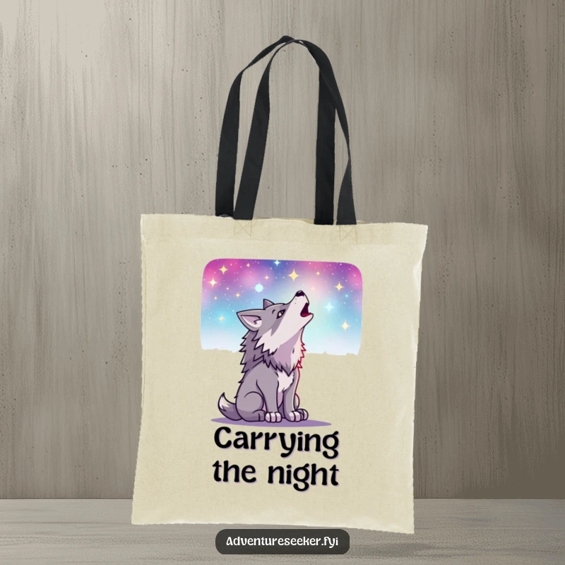 Funny tote bag illustrating a determined wolf howling at a magnificent starry expanse, blending nature's beauty with a touch of humor.