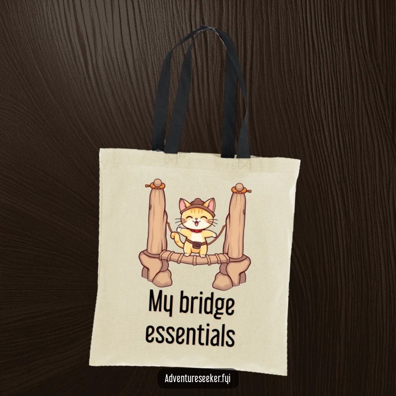 Funny adventurous cat character on a tote bag carefully crossing a rope bridge. A practical funny gift.