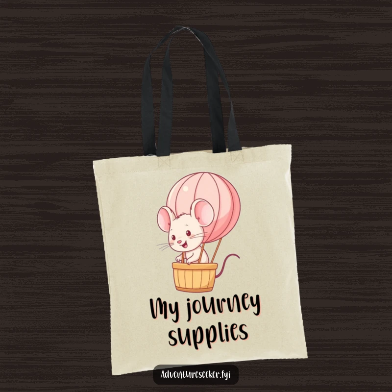 Funny energetic mouse character on a tote bag riding a miniature hot air balloon. A practical funny gift.