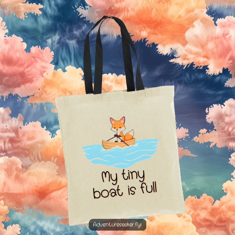 Funny tote bag with a playful fox rowing a tiny boat on a vast ocean, perfect for carrying items with a sense of adventure.