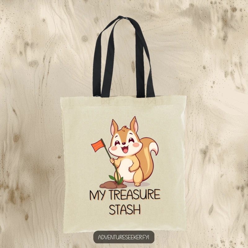 Funny tote bag with an excited squirrel character planting a tiny flag, perfect for carrying essentials with a victorious spirit.