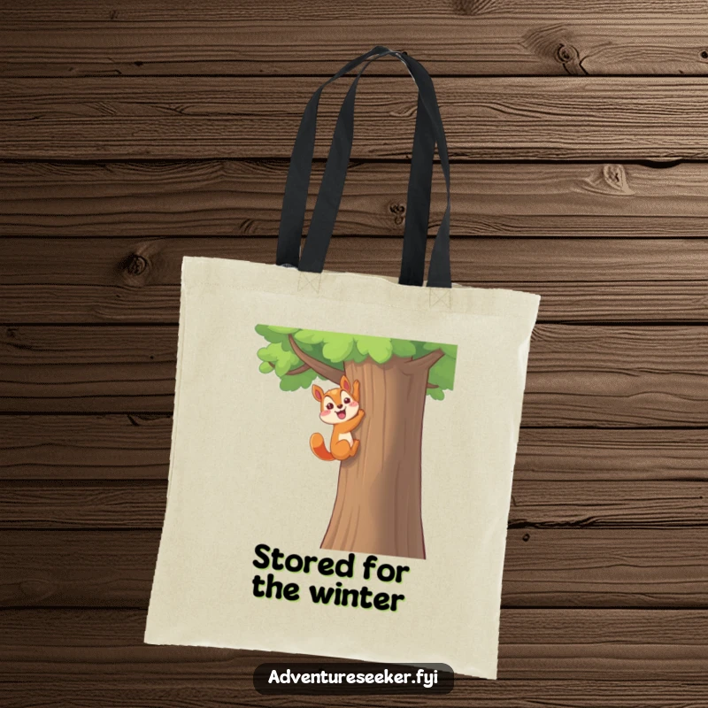 Funny Squirrel Tote Bag: Happy character climbing a tall tree with a triumphant flourish, carrying funny treasures.